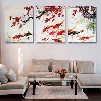 HD Print Cherry Blossom Koi Fish Painting Canvas wall art Prictue home decor print poster picture canvas /PT1053,50x70cmx3pcs,Framed