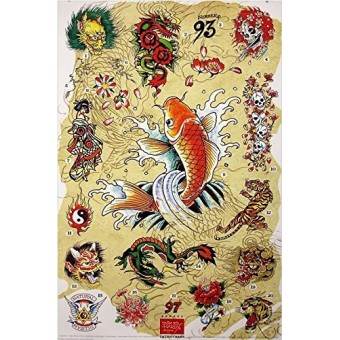 Ed Hardy Japanese Chart 36x24 Tattoo Art Print Poster Roses Flowers Skulls Koi Fish Hidden Images