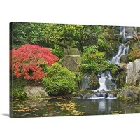 Don Paulson Premium Thick-Wrap Canvas Wall Art Print entitled Oregon, Portland. Waterfall flows into koi pond at Portland Japanese Garden 36"x24"