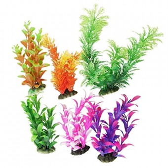 CNZ 6 Piece, Assorted Color Aquarium Plastic Plant Decoration with Ceramic Base