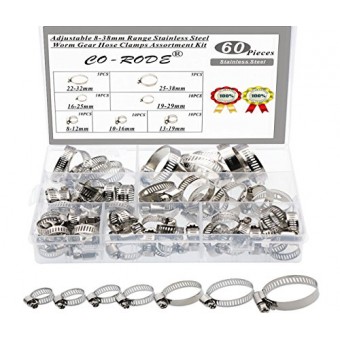 60PCS 8-38mm Range Adjustable Stainless Steel Worm Gear Hose Clamps Screw Assortment Kit