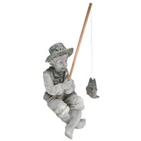 Design Toscano Frederic the Little Fisherman of Avignon Boy Fishing Garden Statue, 15 Inch, Polyresin, Two Tone Stone