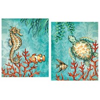 Gango Home Decor Sea Life Turquoise and Orange Under the Ocean Fish Turtle Seahorse and Coral; Two 11x14in Poster Prints