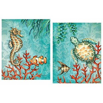 Gango Home Decor Sea Life Turquoise and Orange Under the Ocean Fish Turtle Seahorse and Coral; Two 11x14in Poster Prints