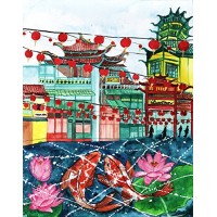 Chinatown Chinese New Year Koi Fish Watercolor Painting Poster Print, Chinatown plaza watercolor poster print