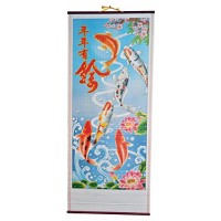 12" X 30" Colorful Koi fish In pond Rattan Wall Scroll