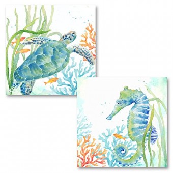 Roaring Brook Lovely Watercolor-Style Tropical Seahorse and Turtle Underwater Set by Cynthia Coulter; Coastal Décor; Two 12x12in Unframed Paper Pos...