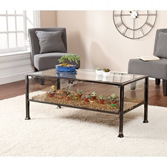 Southern Enterprises Terrarium Display Cocktail Coffee Table, Black with Silver Distressed Finish