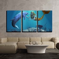 wall26 3 Piece Canvas Wall Art - a Friendly Dolphin Greets a Mermaid Undersea - Modern Home Decor Stretched and Framed Ready to Hang - 24"x36"x3 Pa...