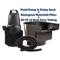 Submersible Pond Pump 3200 GPH + Waterfall Filter Combo Kit with Pump Protector and 25ft Kink Free Tubing