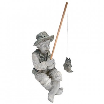 Design Toscano Frederic the Little Fisherman of Avignon Boy Fishing Garden Statue, 15 Inch, Polyresin, Two Tone Stone
