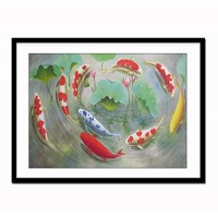 Fengshui Decoration for Office, Nine Koi Fish Painting Artwork Print on Canvas Wall Art Fengshui Wall Decoration, Framed and Ready to Hang