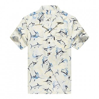 Palm Wave Men's Hawaiian Shirt Aloha Shirt Luau Shirt 2XL Yellow Marlin Fish