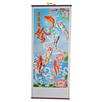 12" X 30" Colorful Koi fish In pond Rattan Wall Scroll